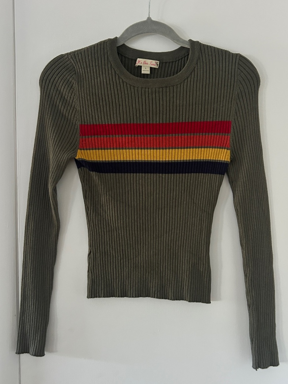 It's Our Time Olive Ribbed Long-Sleeve Top w Red, Yellow & Navy Stripes Size L